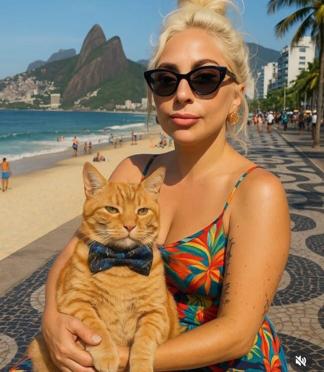 Lady Gaga en Río de Janeiro. Al fondo el Morro Dois Irmãos
